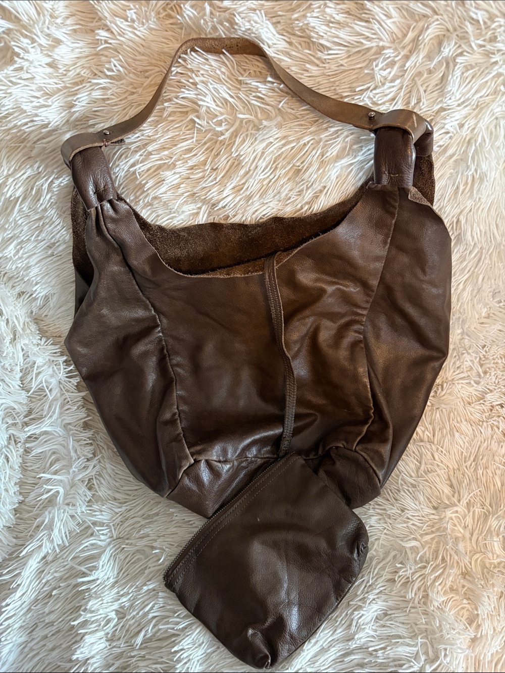 Everyday Brown Leather Shoulder Hobo Bag with Pouch